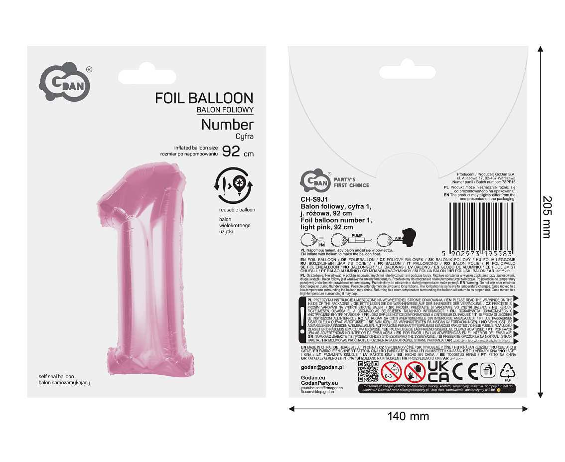 Balon foliowy B&C cyfra "1" j. różowa 92cm CH-S9J1 GoDan